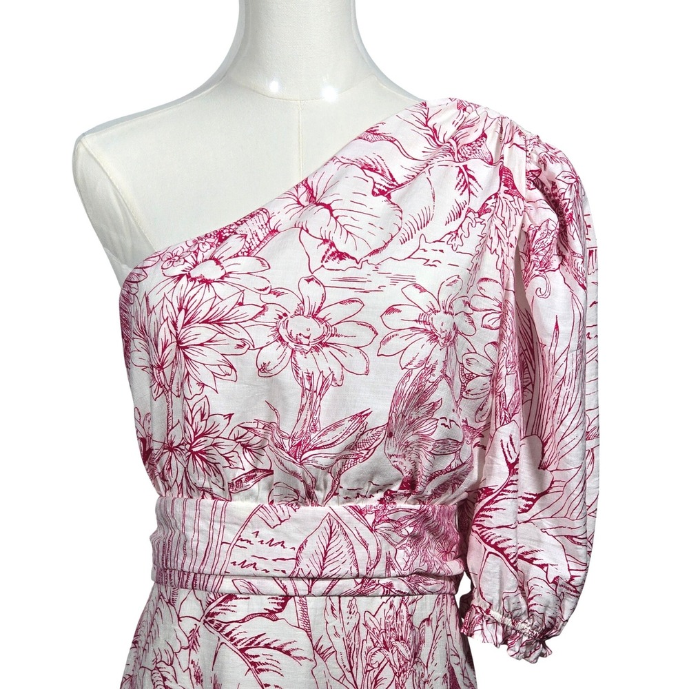 Express One Shoulder Midi Dress Womens Medium Pink White Tropical Floral Ruffle - Picture 5 of 9